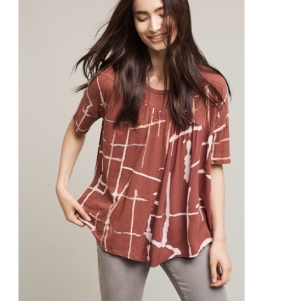 Anthropologie Rust Tie-Dye Grid Short-Sleeve Blouse